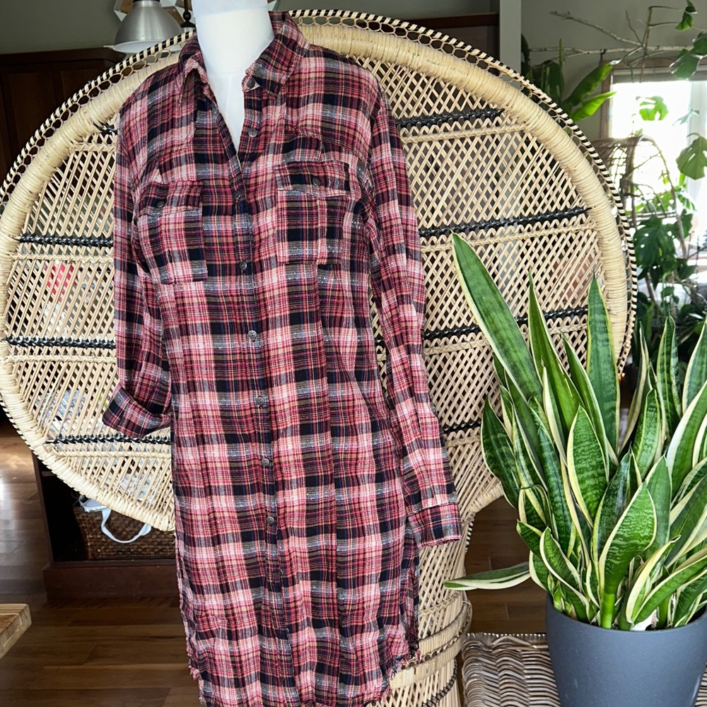 Free People Red and Black Plaid Long Sleeve Dress